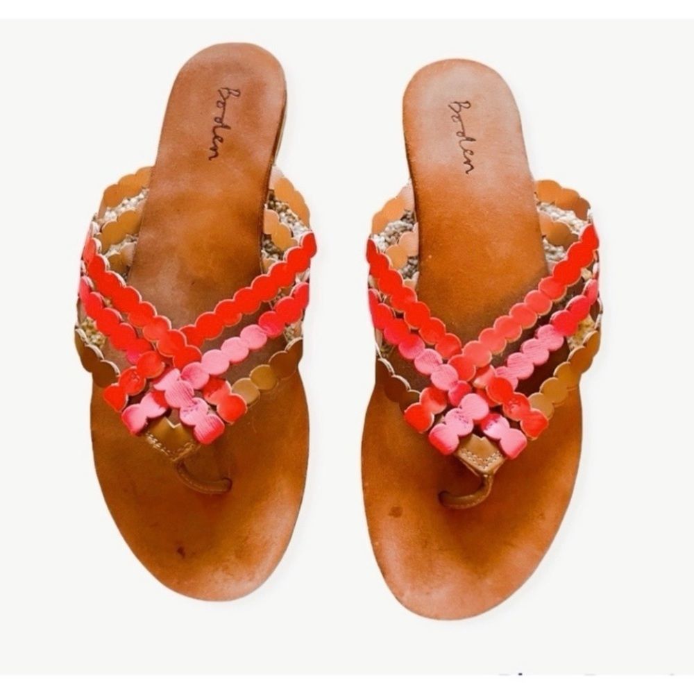 Boden Pink Red Tan Leather Flat Thong Flip Flops Wooden SZ 9.5
